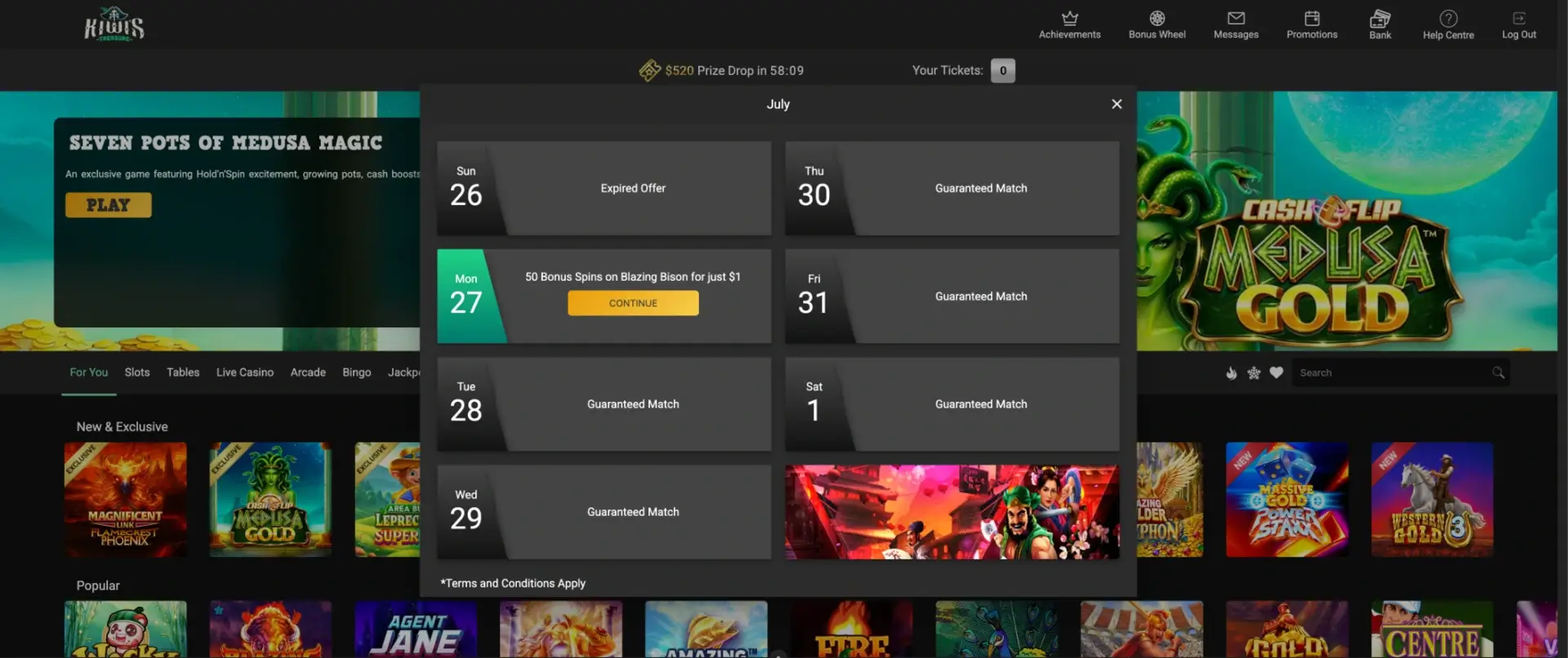 The promotions calendar at Kiwi's Treasure Casino