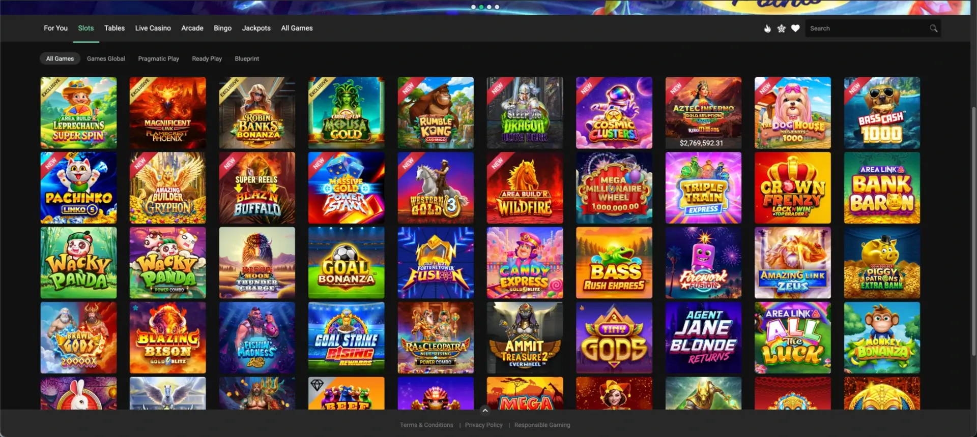How the slots lobby is organised at Kiwi's Treasure Casino